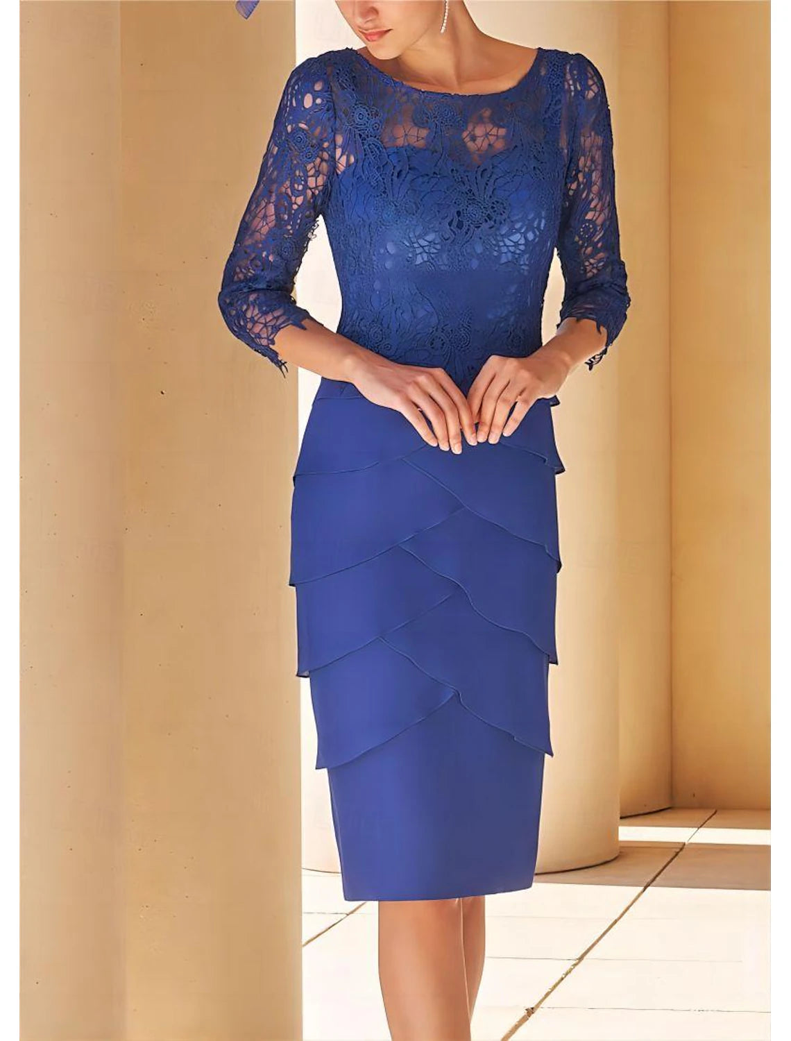 Buyishang Sheath / Column 3 Piece Mother of the Bride Dress Formal Wedding Guest Elegant Vintage Jewel Neck Tea Length Chiffon Short Sleeve Jacket Dresses with Lace Cascading Ruffles free custom size